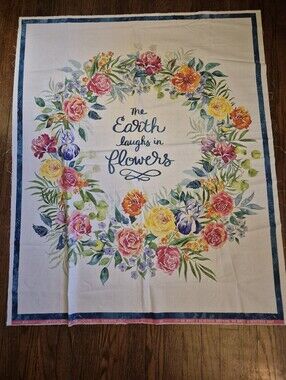 Fabric Panel Floral Wreath Wall or Quilt Tapestry "The Earth Laughs in Flowers"